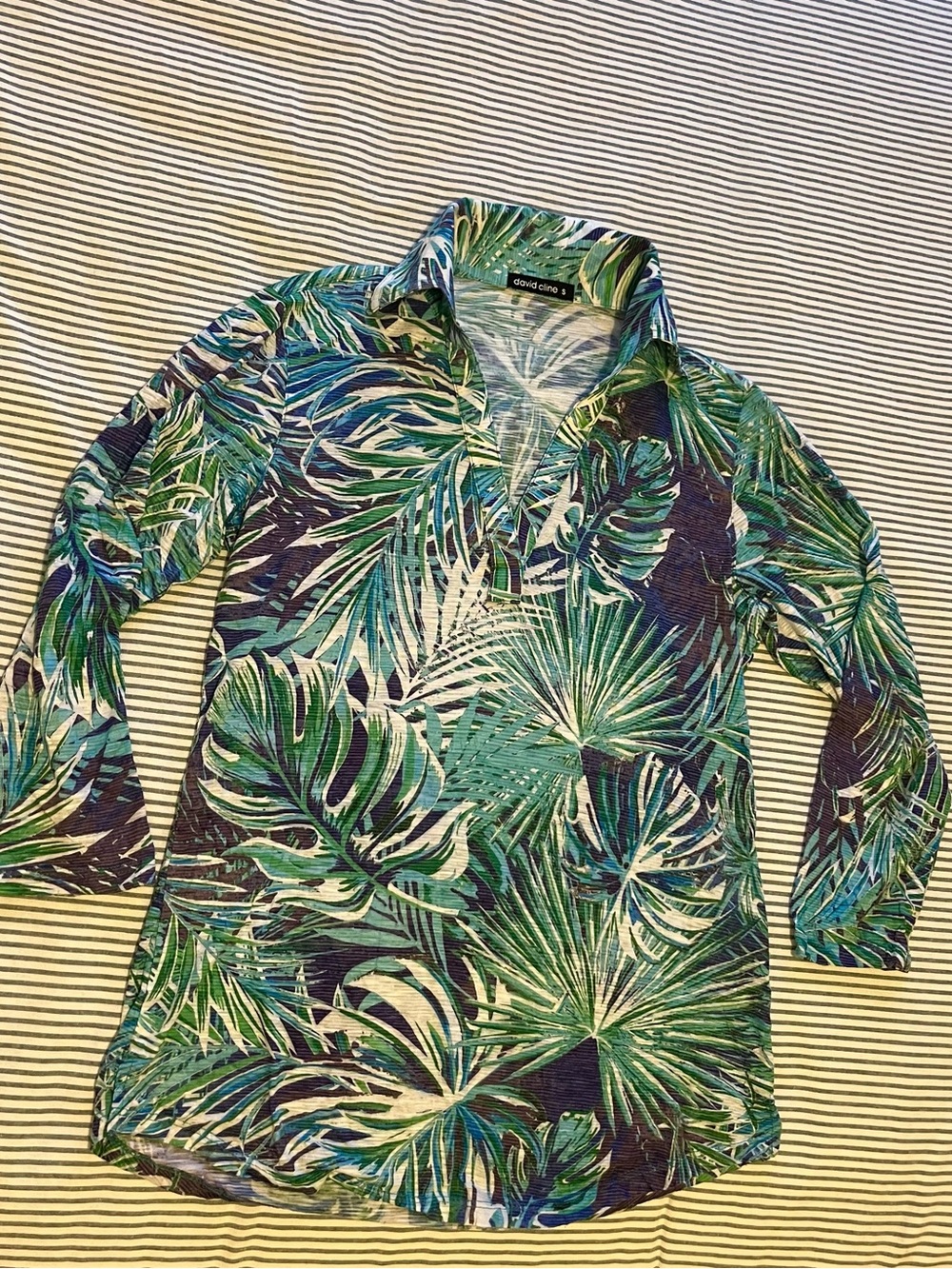 David Cline purple/blue/green/white 3/4 sleeve, collared shirt — like new!